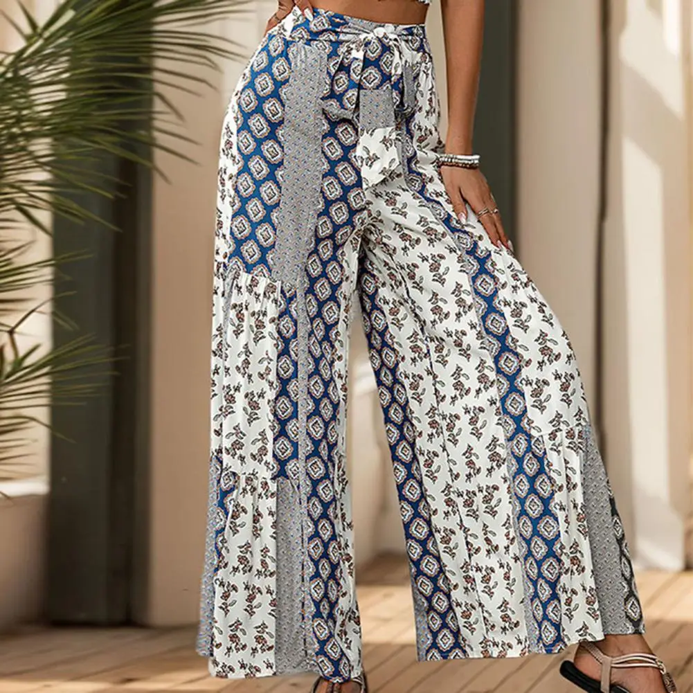 

Retro Digital Print Trousers Women Straight Leg Pants Ethnic Style Lace-up Beach Trousers for Women Loose Fit Wide Leg Pants