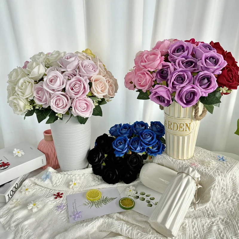 باقة زهور ورد حريرية صناعية ، إكسسوارات ترتيب الزهور ، ديكور طاولة المنزل ، دعامة صور ، هدية عيد الحب ، مزهرية ، 9 رؤوس #5