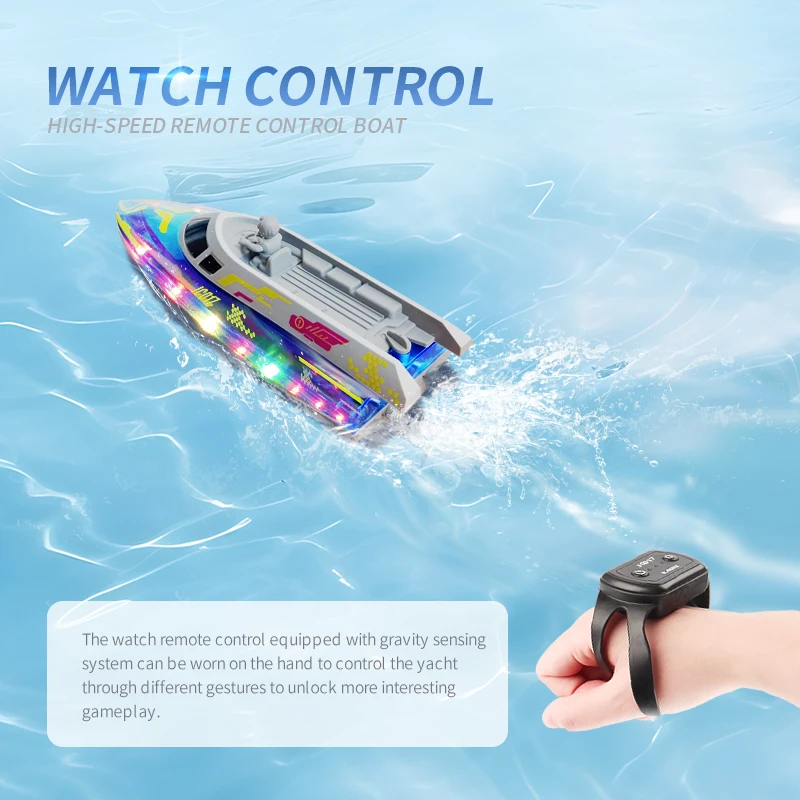 JC017 RC Speed Boat 2.4G Dual Control Gravity Watch Remote Colorful LED Light Waterproof High Speed Racing Boat Kids Water Pool