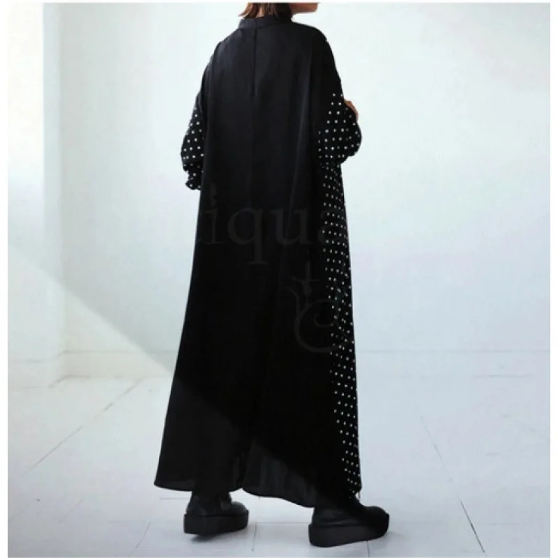 فستان نسائي طويل موجة نقطة طباعة فساتين المرقعة الياقة المستديرة زر فضفاض ألف خط مكتب سيدة 2025 الخريف خمر Vestidos #3