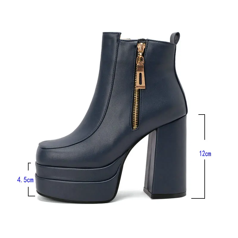 Plus Size 46 Women Ankle Boots Platform Square High Heel Ladies Short Boots PU Leather Zipper Dress Women\'s Boots Red Yellow