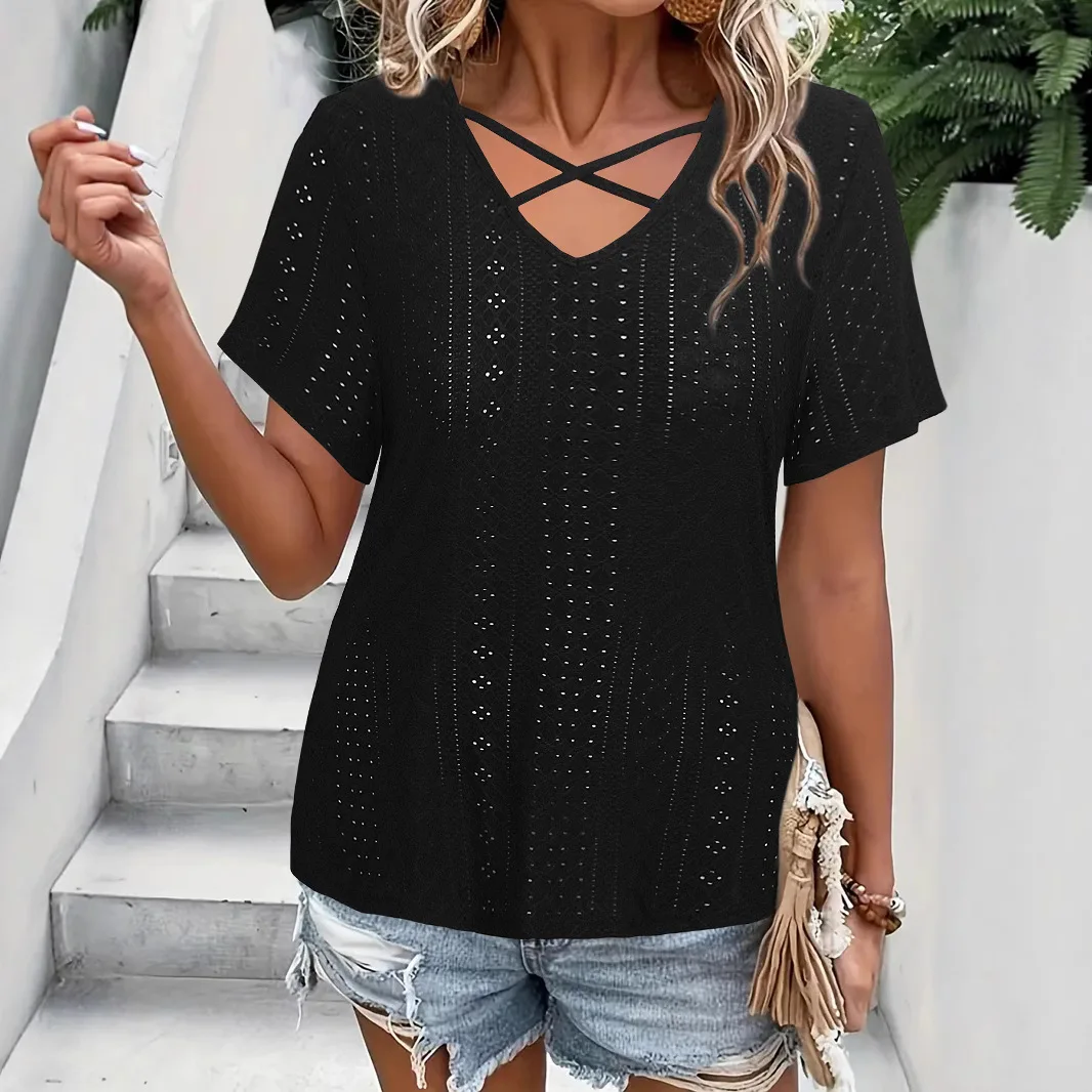 Y2K جديد الصيف المرأة عادية تنفس قصيرة الأكمام تي شيرت الخامس الرقبة مطوي الجاكار محبوك قمة المألوف فضفاض #2