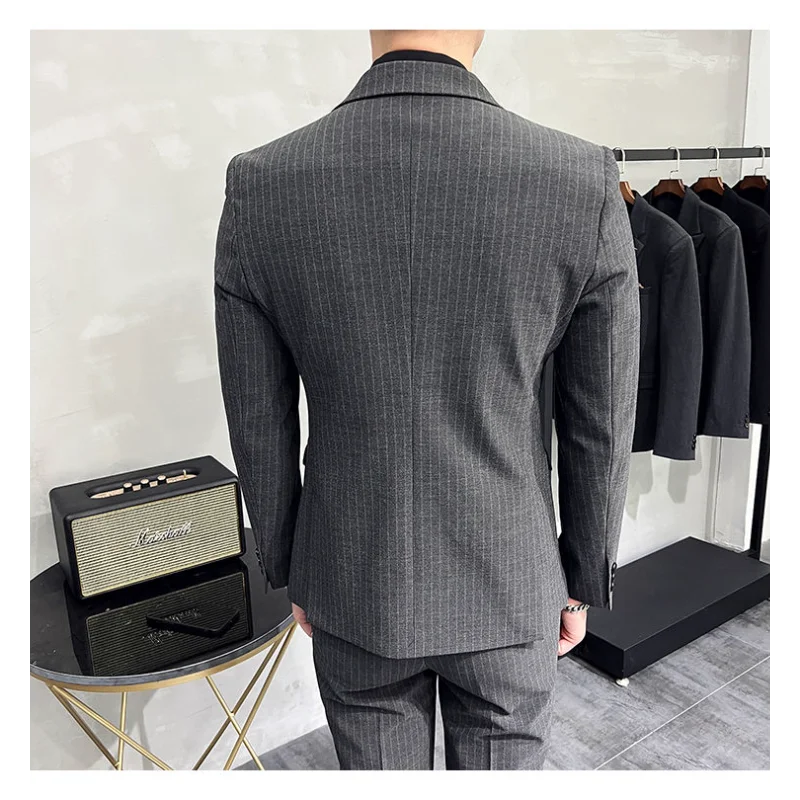 Terno listrado de fenda dupla masculino jovem fino estilo coreano terno casual na moda vestido de casamento do noivo