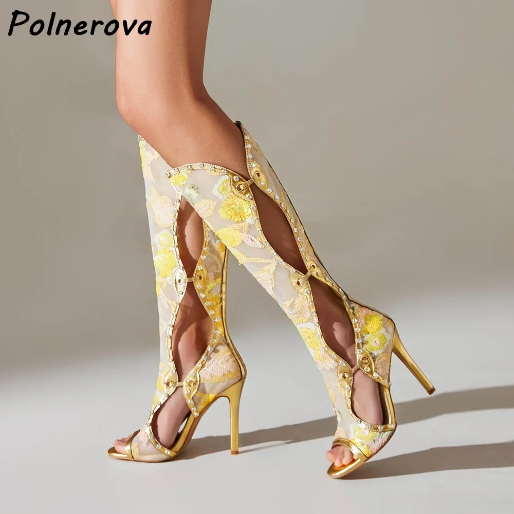 

Летние женские ботильоны до колена с цветочной вышивкой и сеткой, на шпильке, с кристаллами и заклепками, с открытым носком, сексуальные туфли для вечеринок