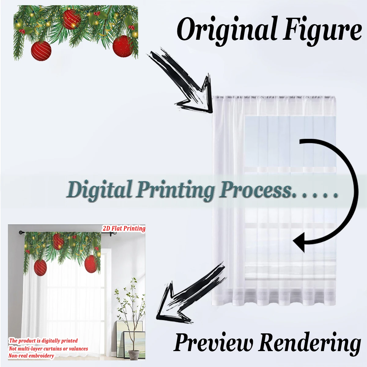 Christmas Flat Printing Sheer Curtain with Christmas Ball Mistletoe Pine Branches for Living Room Bedroom Decor Holiday Party