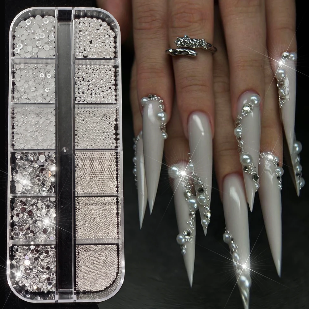 12-Gitter-Mix-Set mit Mini-Nagelperlen und Strasssteinen, 3D-Luxus-Silber-Kaviar-Mikroperlen & klaren Edelsteinen & Perlen-Nagelcharms, DIY-Schmuckteile – Detail 1