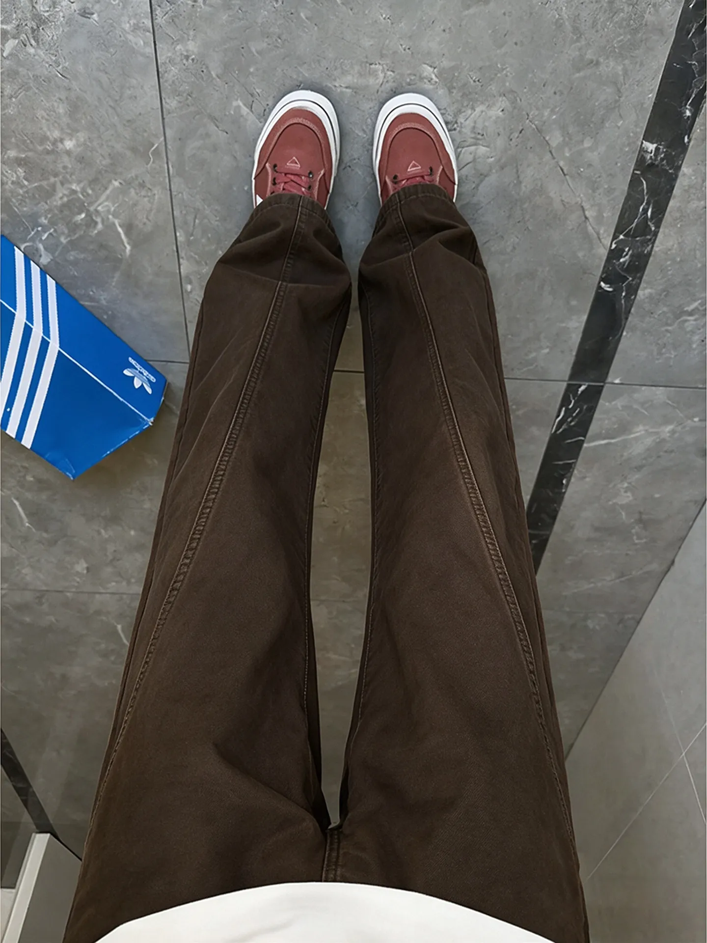 Retro Coffee Colored Men's Jeans Deconstructed Bootcut Trousers American High Street Style Workwear Wide Leg Pants