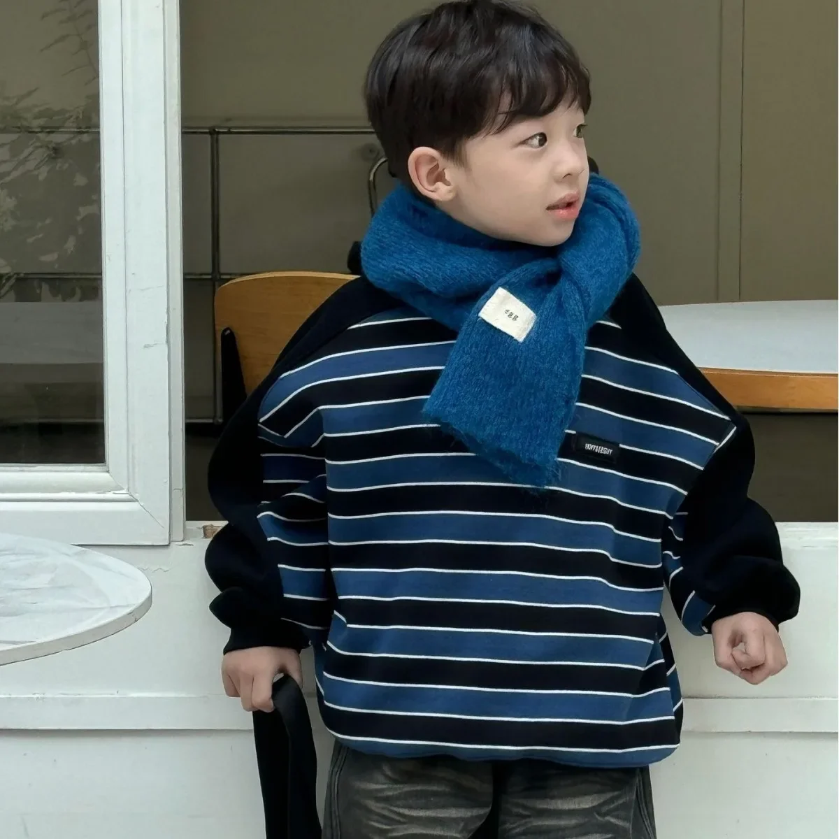 Boy Hoodie 2023 Autumn and Winter New Korean Boys Blue Striped Splicing and Fleece One Austro-grain Fleece Loose Pullover Hoodie