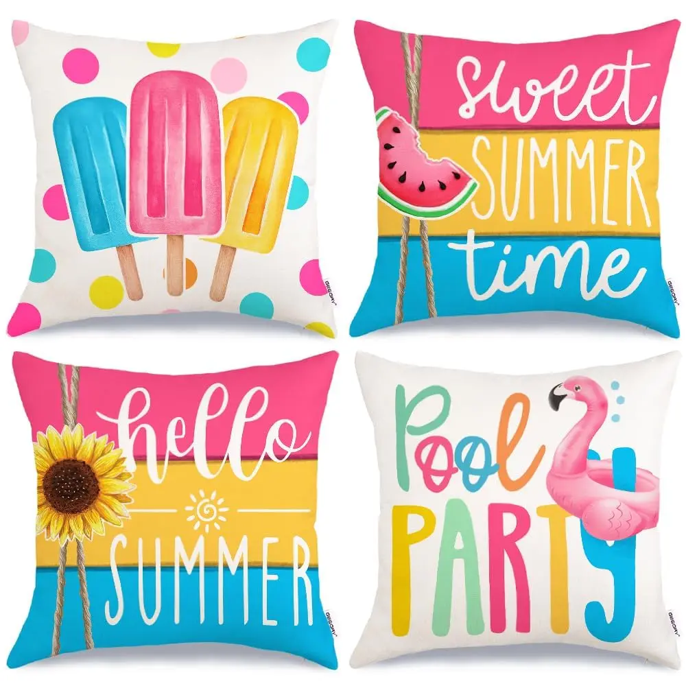 Hello Summer Pillow Cover 18x18 Inch Set of 4,Popsicles Flamingo Swim Ring Pool Party Sweet Summer Farmhouse Throw Pillowcase