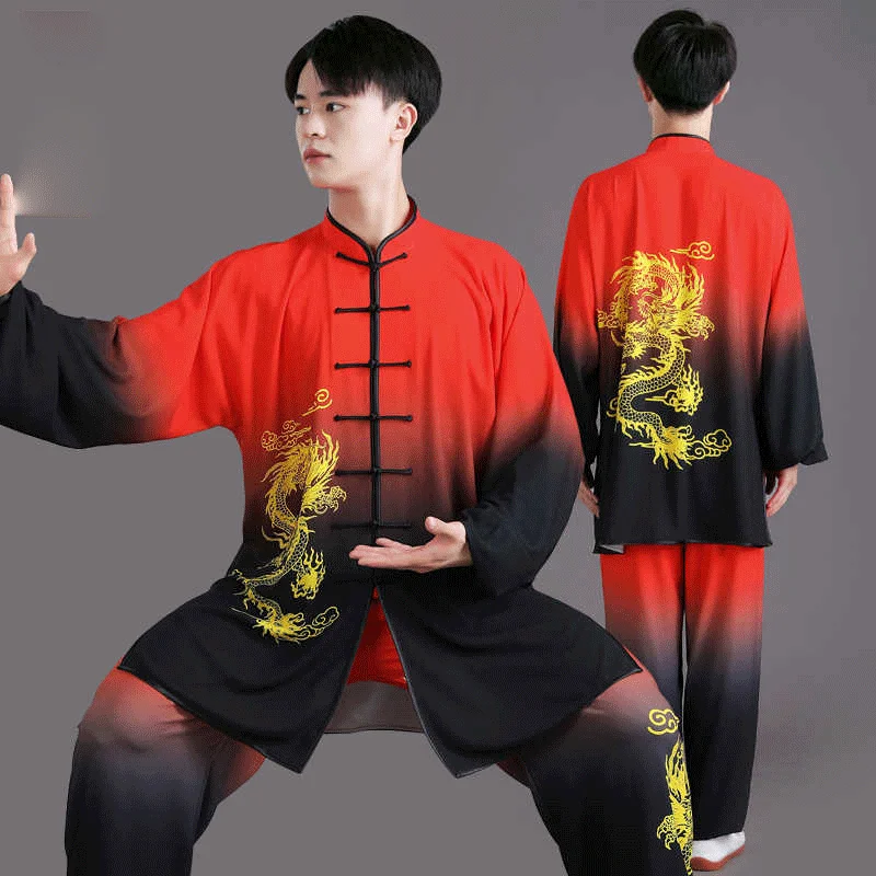 Jingyi Tai Chi Clothing Women's Spring and Summer New High-end Gradient Golden Dragon Print Tai Chi Practice Clothes Men's Marti