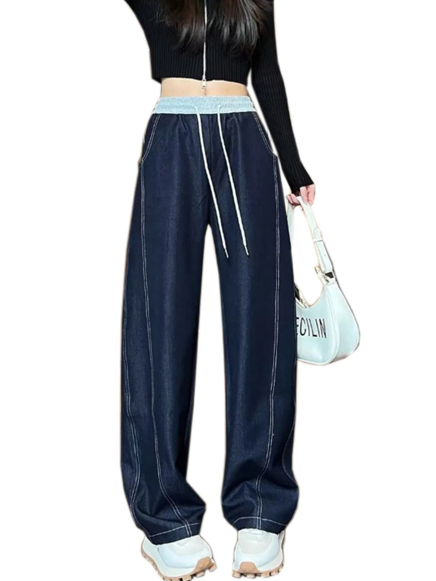 

Women's Wide Leg Jeans Drawstring Waist Contrast Stitching Loose Fit Denim Pants Blue