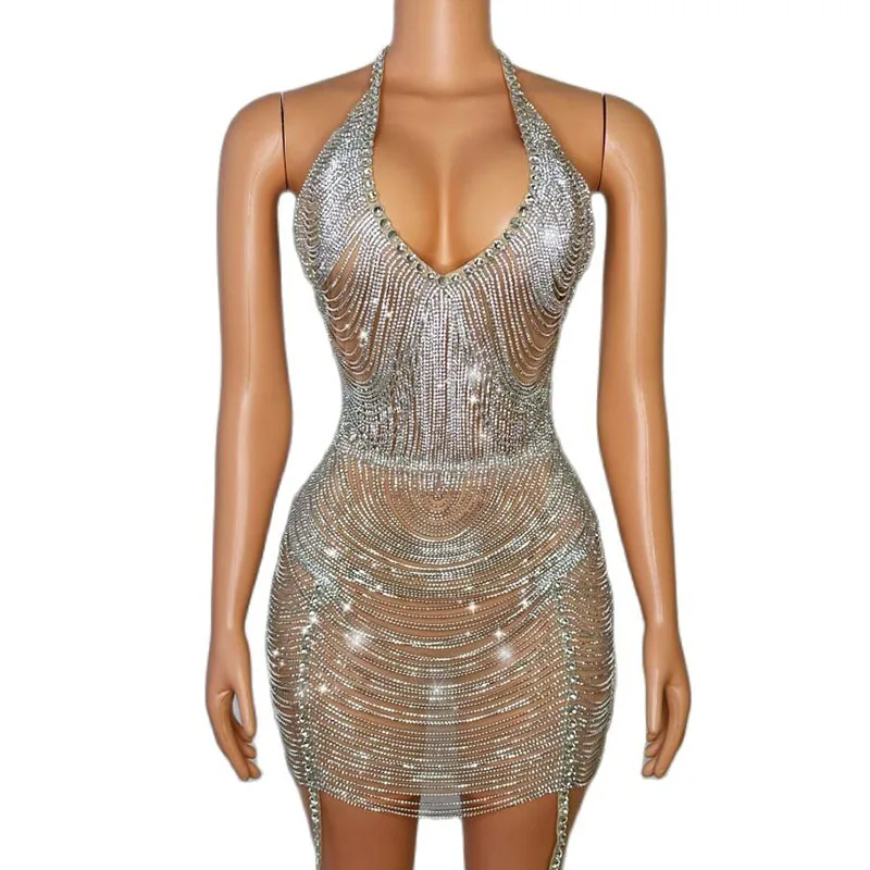 

Sexy Sparkly Rhinestones Chains V Neck Backless Short Dress Birthday Party Celebriate Costume Nightclub Outfit Show Stage Dress