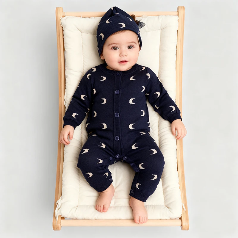 

0-24M New Newborn Baby Boys Girls Knit Jumpsuit Infant Long Sleeve Moon Knit Garment Spring Winter Baby Boys Girls Bodysuit