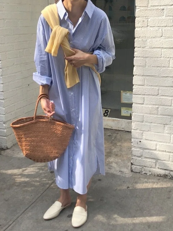 Women's Collar Single Button Striped Loose Fit Meat Covering Maxi Dr Korean Sle Oversize Long irt Dr