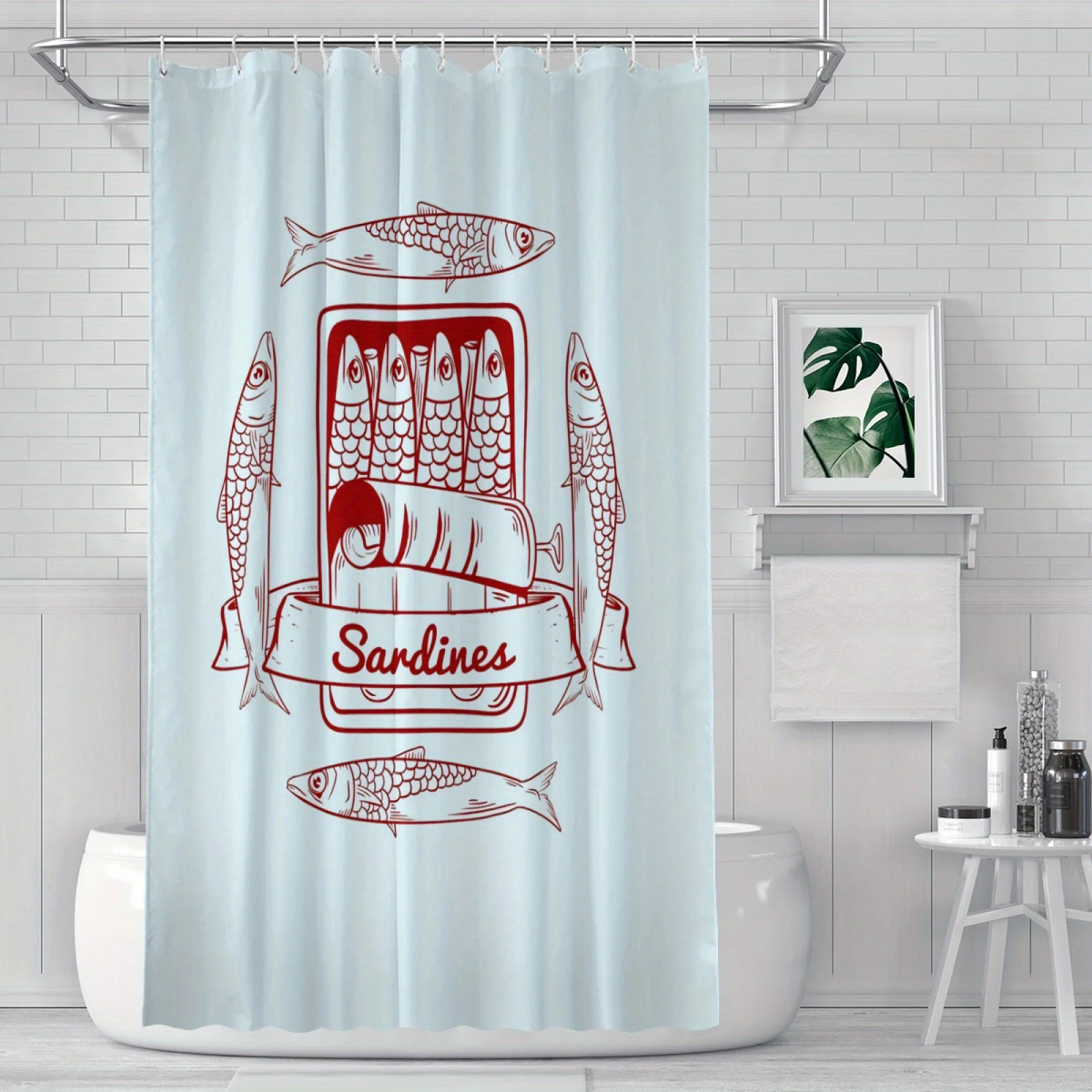 Vintage Sardines Shower Curtain, Retro Seafood Pattern Waterproof Bath Curtain, Kitchen Theme Bathroom Decor for Home
