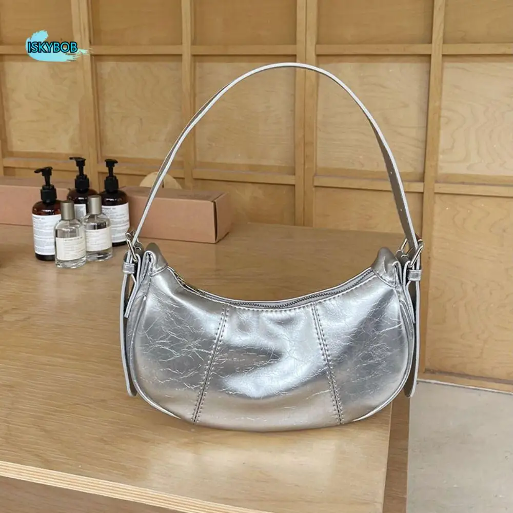 

Fashionable Korean Style Silver Shoulder Bag PU Leather Handbag Dumpling Bag Large Capacity Solid Color Underarm Bag Travel
