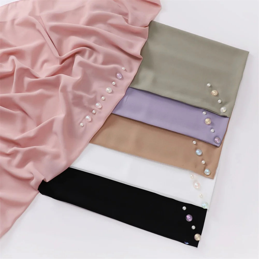 

90cm Candy Pearls Chiffon Tudung Hijab Bawal New Design Square Scarf Shawl Muslim Women Fashion Turban Hijab With Accessories