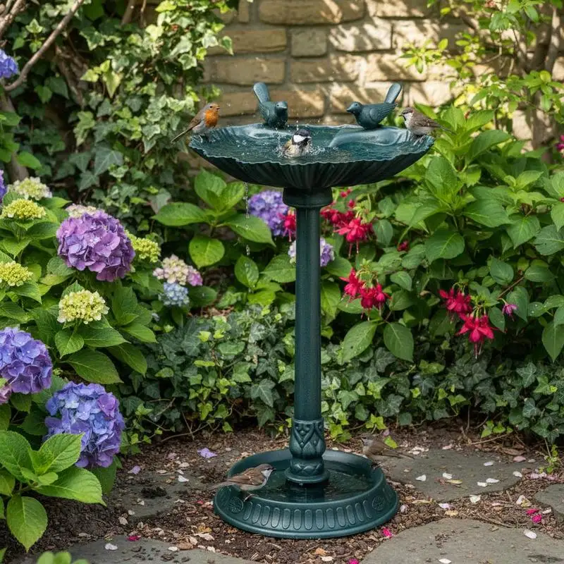 

81cm Tall Bird Bath with 2 Decorative Birds, Vintage Style Birdbath with Flower Planter Base, Bird Bath Bowl for Garden, Green