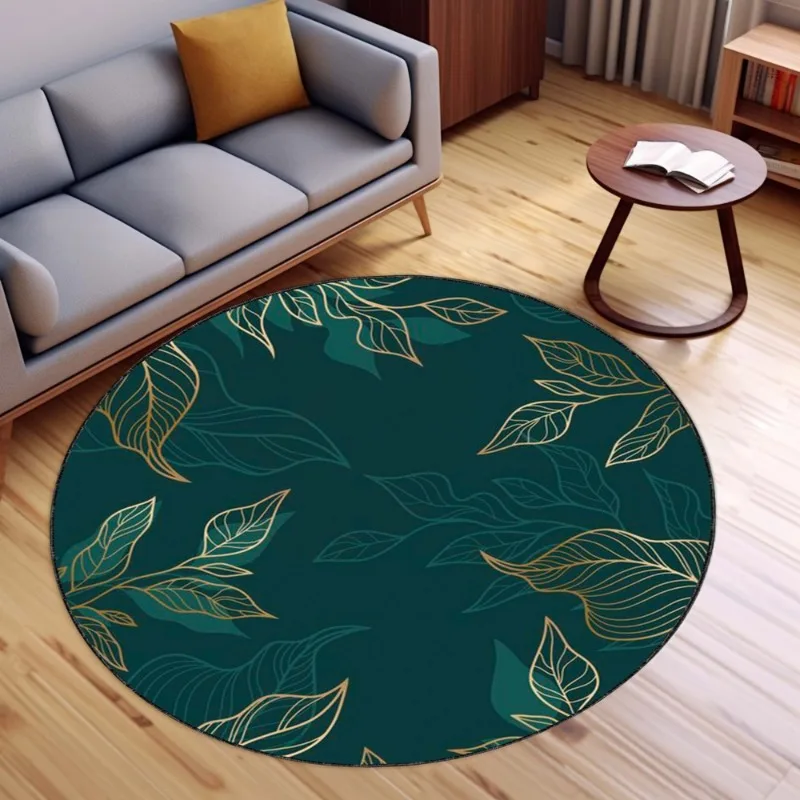 Emerald Green Rug Green Marble Round Rug 3D Castor Leaf Colorful Pattern Carpet Living Room Home Decor Non-slip Washable Rug