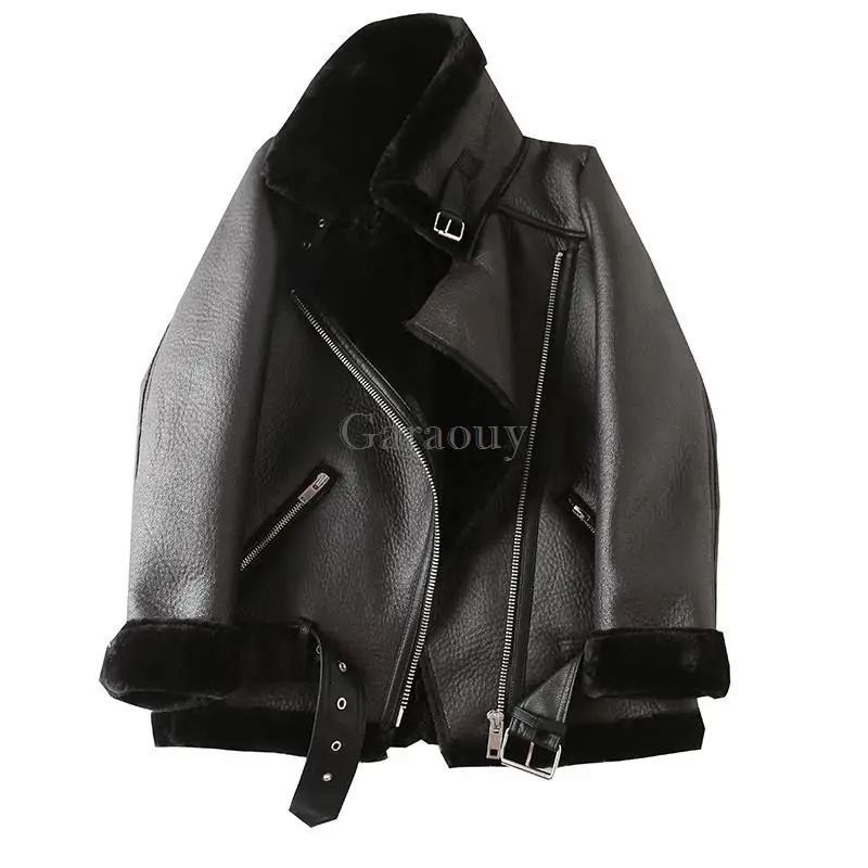 Garaouy 2023 Winter Women Zip Faux Leather Jacket Thick Warm Lamb Feather Motorcycle Rider Artificial Fur Coats Outwear Female