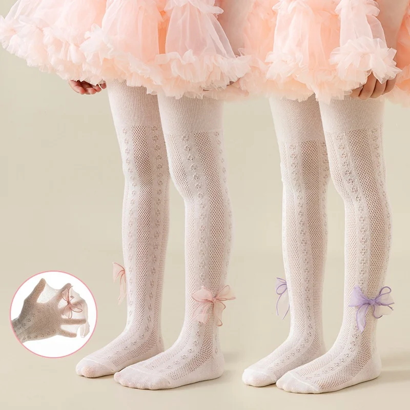 Sommerliche dünne Kinderstrumpfhose für Mädchen, süße Netzstrumpfhose mit großer Schleife, Babystrumpfhose, einfarbige, weiche Baumwoll-Prinzessinnen-Leggings, 0-12 Jahre