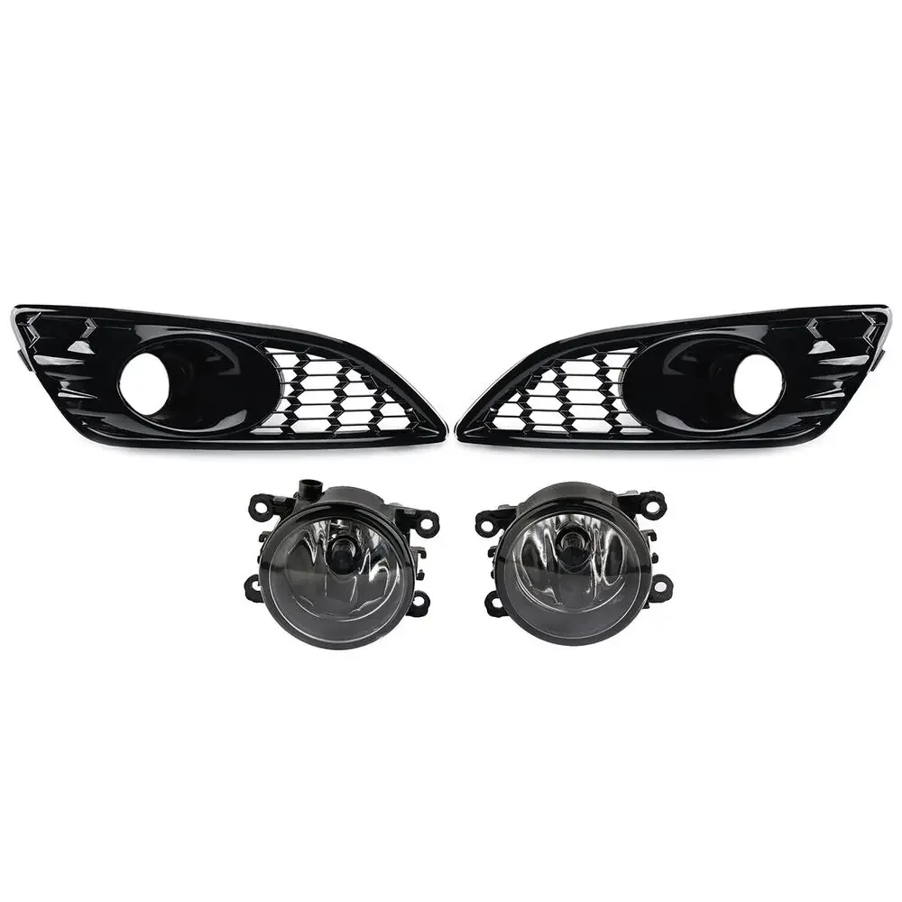 Honeycomb Gloss Black Car Front Bumper Fog Lamp Lower Grille Grill Cover + Fog Light Set For Ford Fiesta MK7 Zetec S 2012-2017