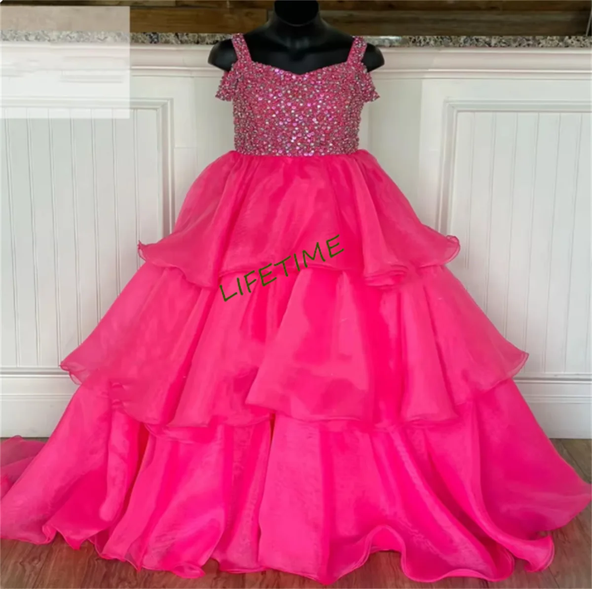 Rosa rosa meninas pageant vestido beading organza cintas pescoço criança princesa festa de aniversário vestido adolescentes vestidos de baile