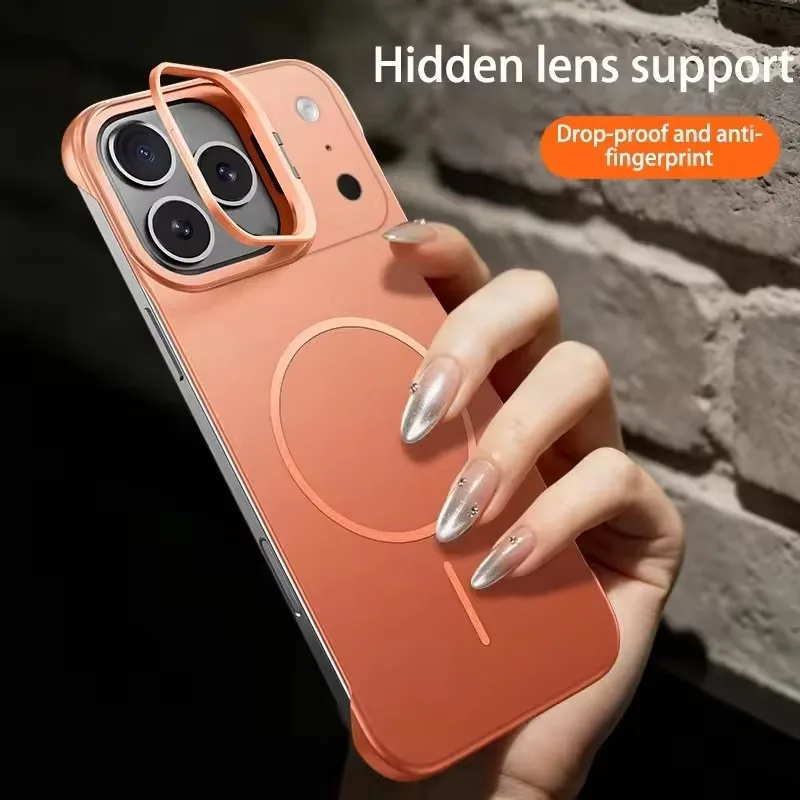 Étui de téléphone avec support de lentille d'appareil photo en métal sans cadre, antichoc, pour Magsafe iPhone 17 16 15 14 13 Pro Max 5G, coque de protection