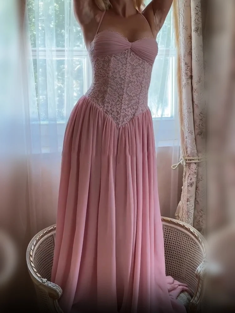 Vintage Süßes Rosa Blumen-Spitzenkorsett Bodenlange Kleider für Damen mit Spaghetti-Trägern und Plissee, Schickes Sommer-Abendoutfit – Detail 8