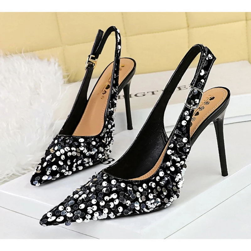 BIGTREE Spring Fashion Sequined Cloth Woman Pumps Pointed Toe Thin Heels Hollow Buckle Strap Wedding Party Elegant Ladies Shoes