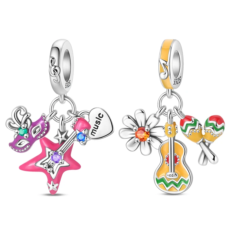Klassische 925 Sterling Silber Musik-Party-Charms, glitzernde CZ-Zirkon-Anhänger, passend für Original-Armbänder, DIY für Frauen, Schmuck, Geschenke