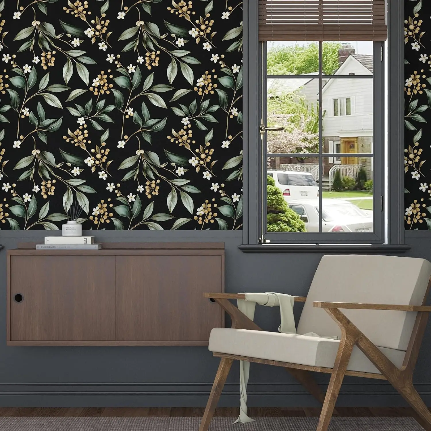 Dark Green Leaf Peel and Stick Wallpaper 17.5"x118" Self-Adhesive Vinyl for Bathroom Bedroom Kitchen Cabinet Retro Floral Decor view 3
