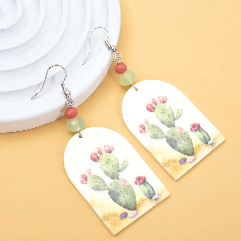 Fashion Desert Green Cactus Relievo Printing White Arch Acrylic Dangle Earrings Trendy For Women Vacation Style Girls Jewelry