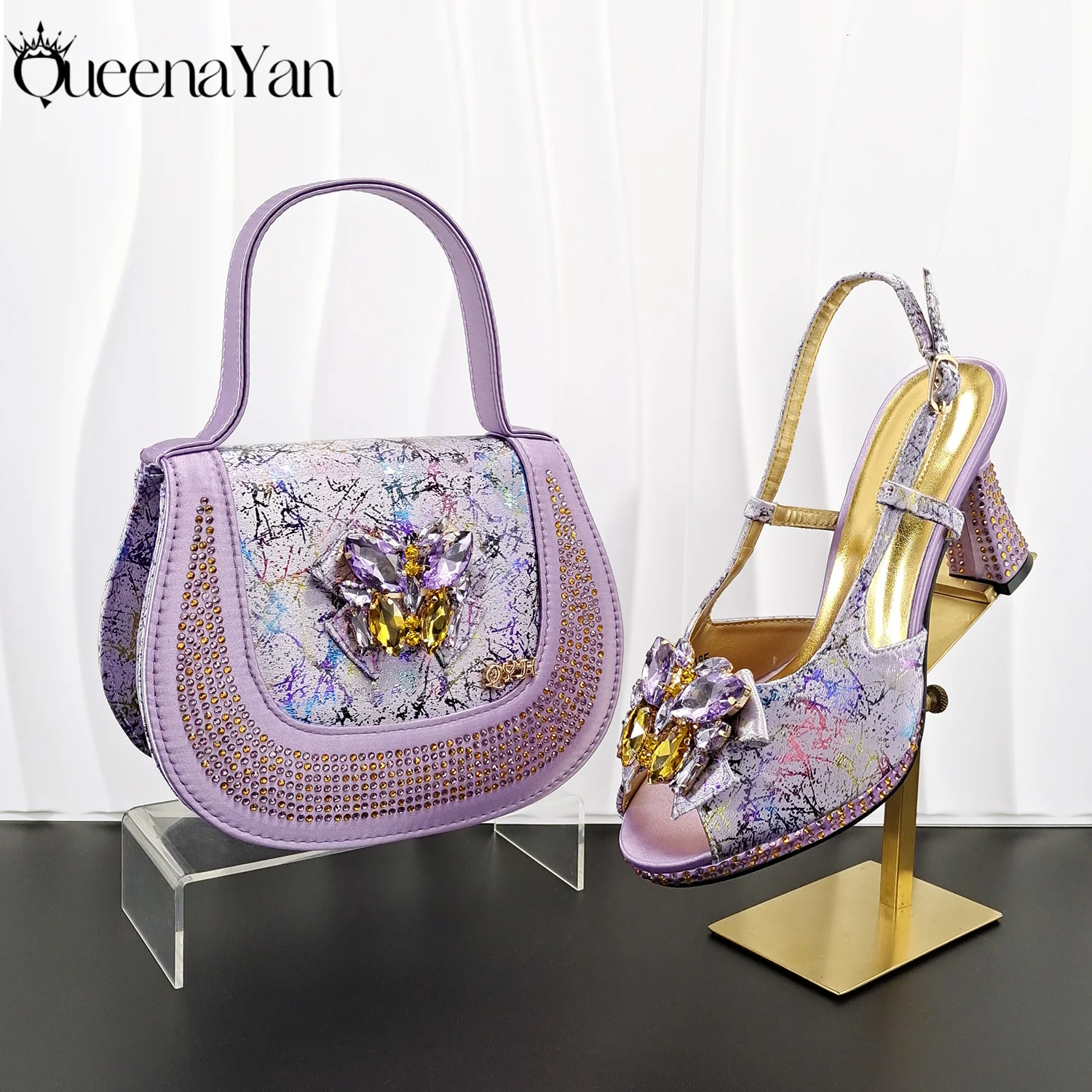 

Hot Selling Mature Style Colorful Print and Rhinestone Design Party Wedding Peep Toe Women High Heels and Wide Hand-held Bag