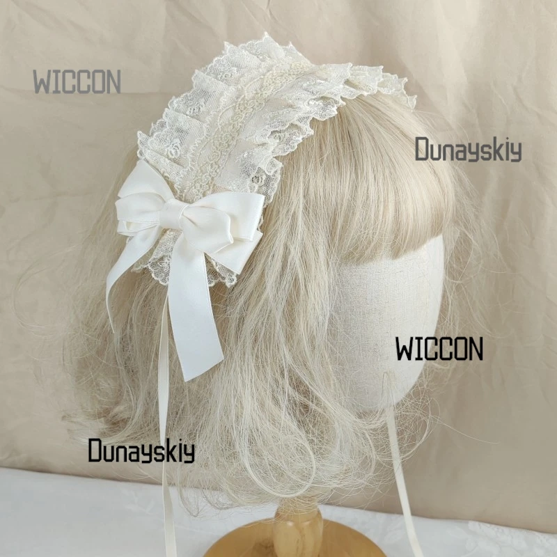 Handmade Japanese Bow Hat Elegant Ivory Lolita Headdress Floral Accent Tea Party Bridal Cosplay Matching Wrist Cuffs Hair Ribbon