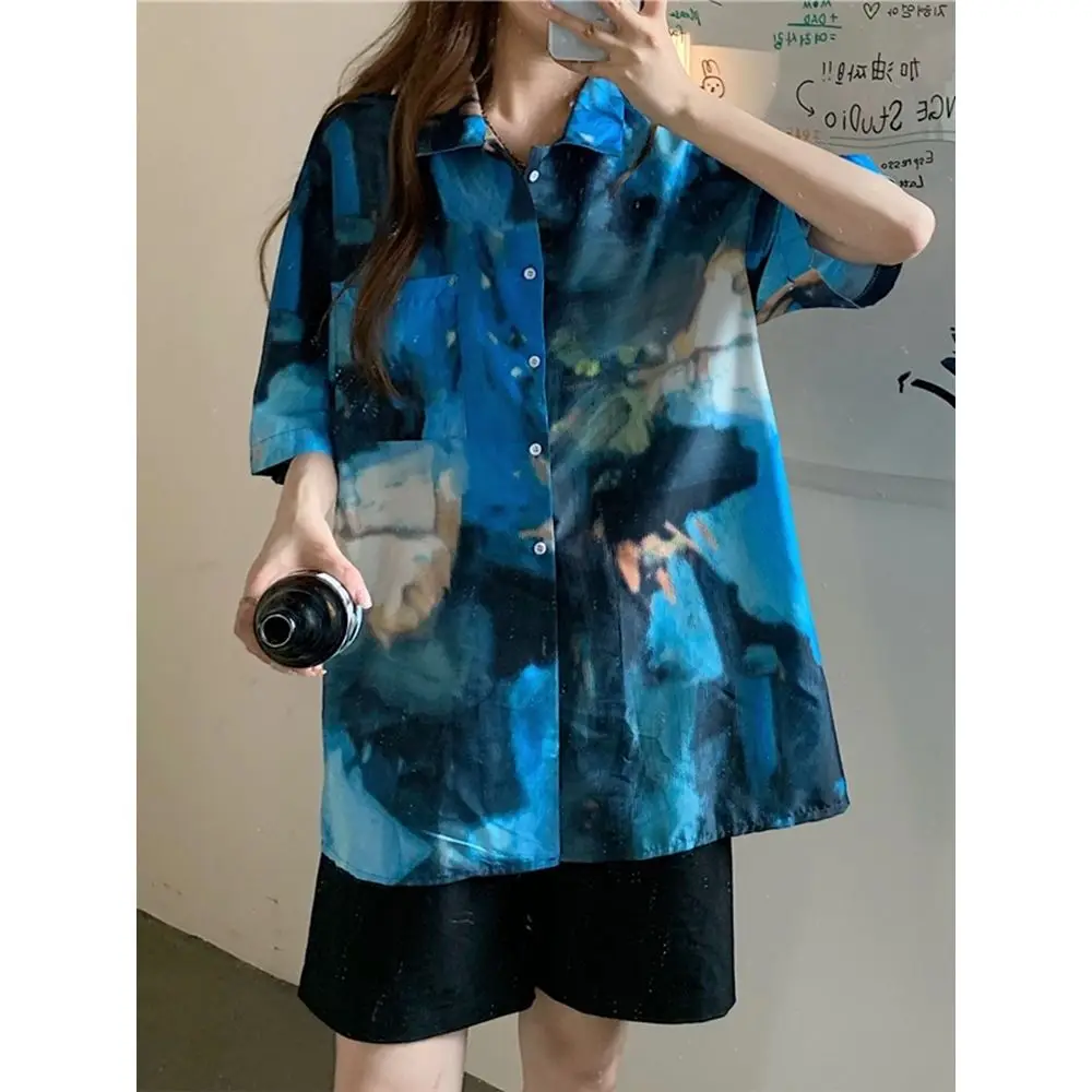 Streetwear Patchwork Printing Women Clothing Short Sleeve Shirts Summer Fashion Trend Tops Ladies Loose Straight Buttons Blouses