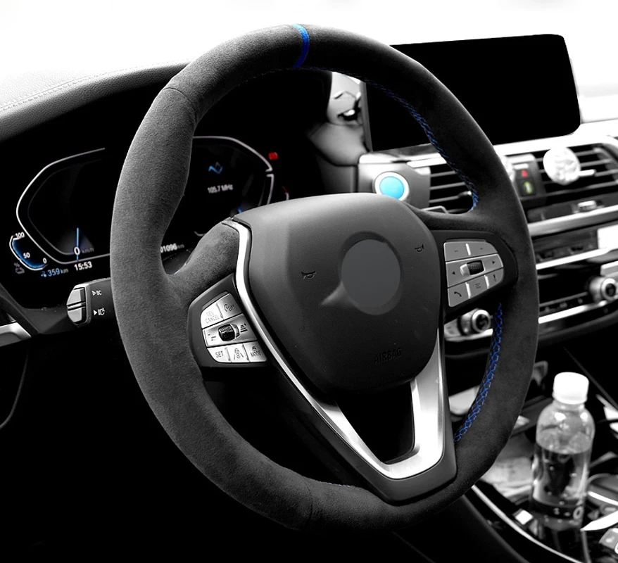 Genuine Leather Alcantera Steering Wheel Cover Wrap Blue Thread Non-Slip Car Accessoires For BMW G01 G02 G05 G20 G30 X3 X4 X5