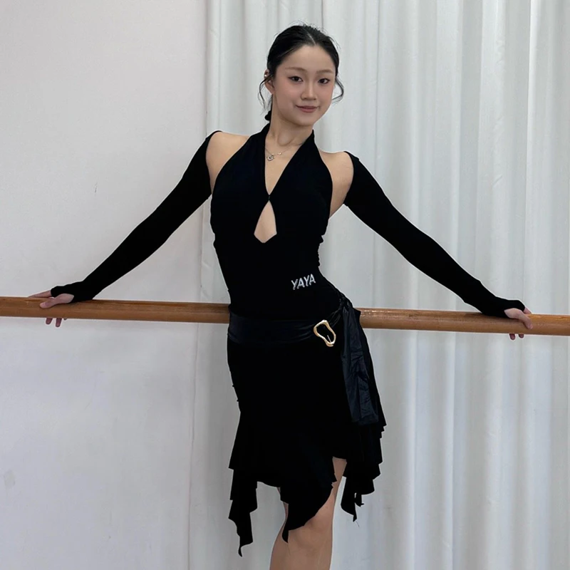 

Топы для латинских танцев, черные, с длинными рукавами, 2 шт., женская одежда для ча-ча, румбы, самбы, танцевальная одежда для взрослых, танцевальные костюмы для сальсы DNV26127