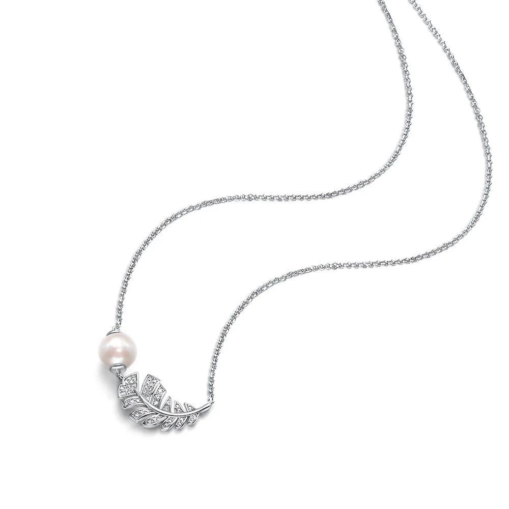 Pearl Pendant Female Creative Feather Design Light Luxury Diamond-studded Sterling Silver Necklace New Mother's Day Gift