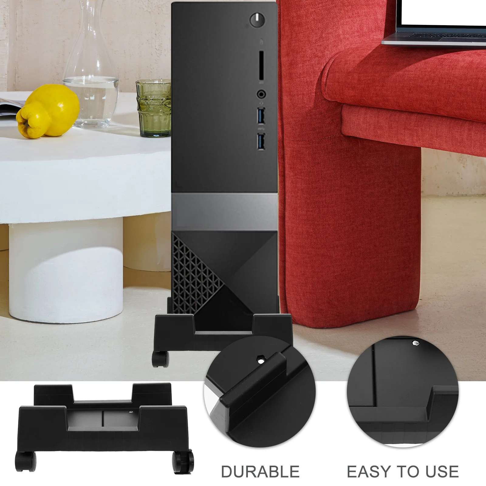 

Mobile Computer Tower Stand Radiating Holes Brake Wheels Rounded Corners Plastic Pc Stand For Desktop Cpu Holder