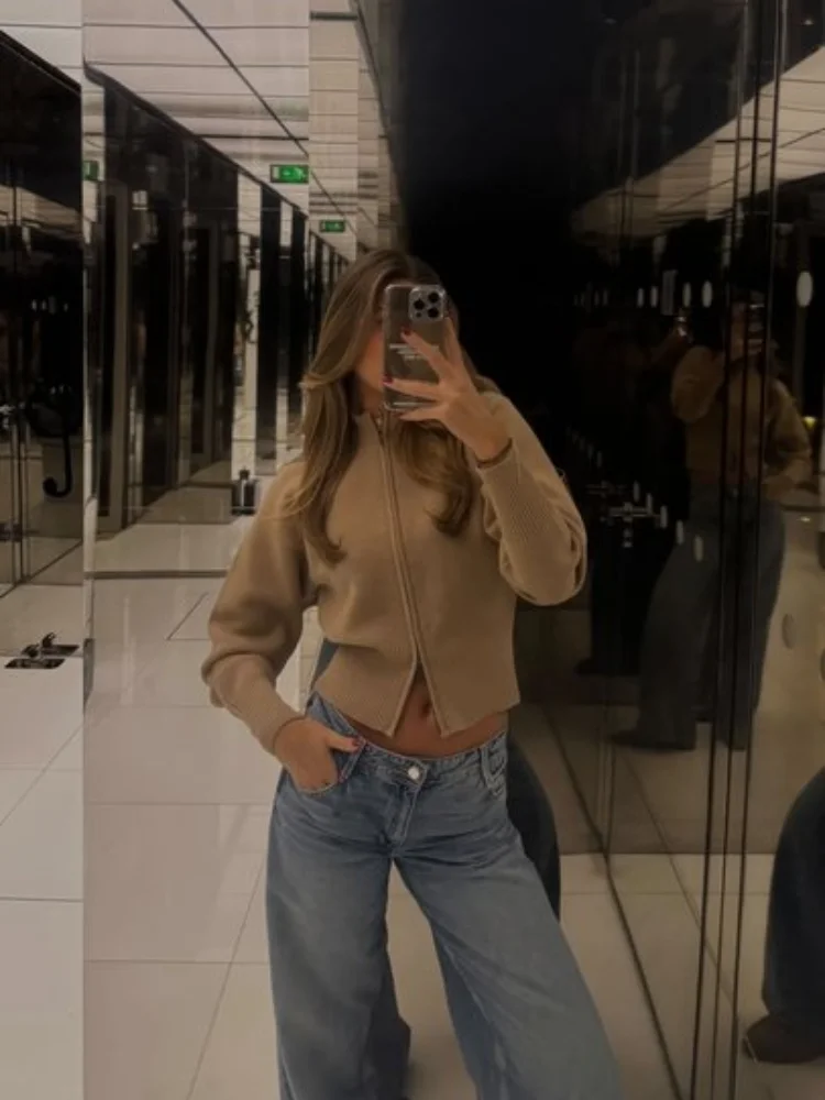 

Fashion Knit Women Cardigan Casual Full Sleeve Zipper Stand Pleated Slim Lady Sweater 2025 Autumn Spring Office Female Knitwear