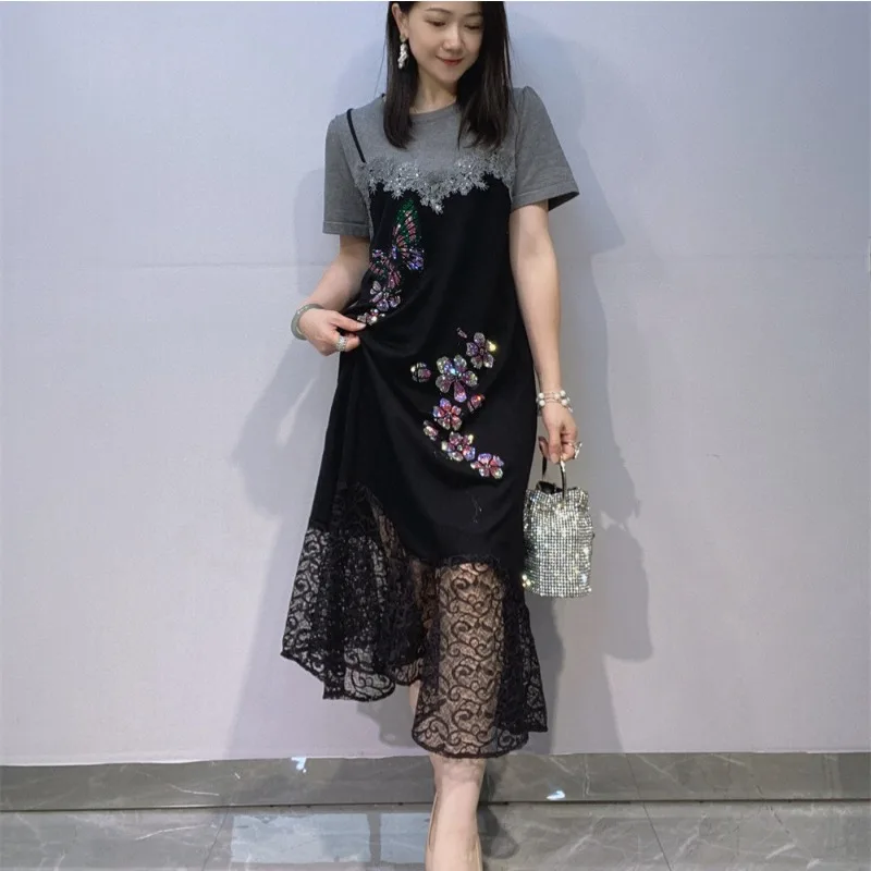 French Black Fishtail Skirt Fake Two-piece Knitted Dress Women's Summer Large Size Small Black Dress High-end Hot Diamond Dress
