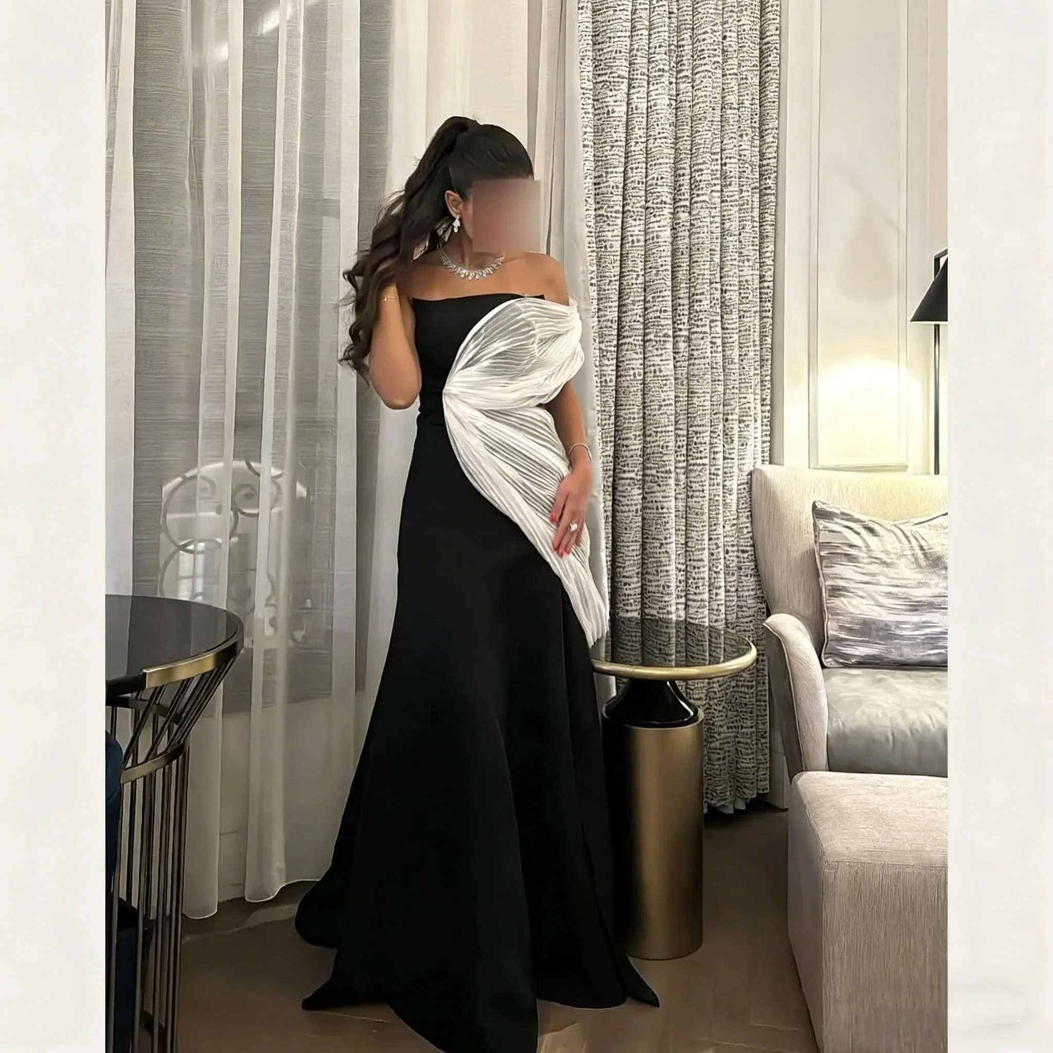 

Elegant Black and White Single Shoulder Evening Dress Satin Pleat Floor length Long Dress Wedding Party Ball Dress Customized