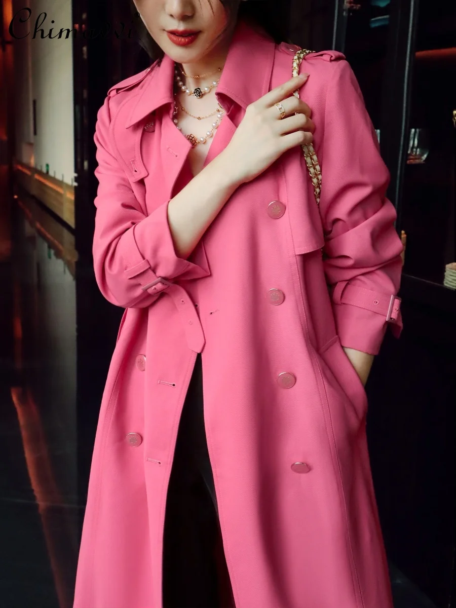 

High-end Pink Double-Breasted Epaulet Elegant Slim Lace-up Trench Coat 2024 Spring New Fashion Loose-Fit Long Sleeves Long Coats