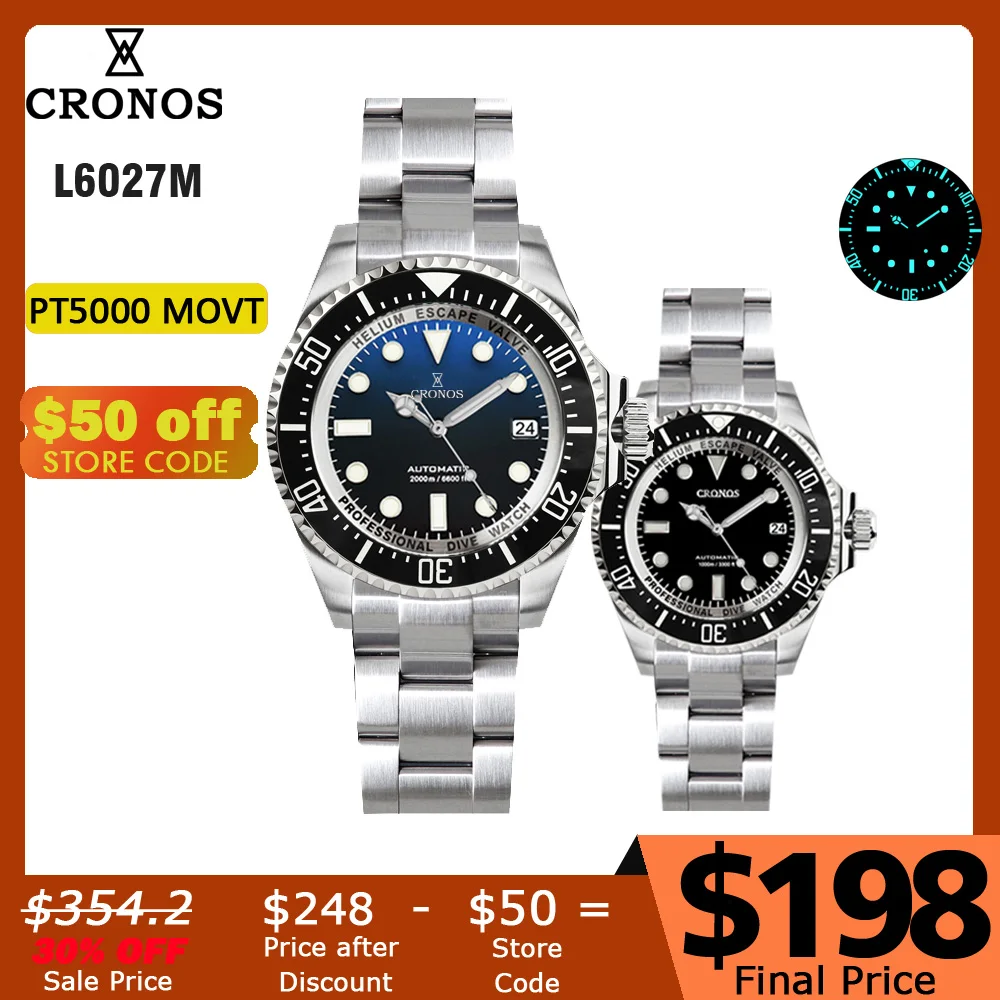 Cronos Automatic Diving Watch Stainless Steel 2000 Meters Water Resistance Professional Diver PT5000 SW200 L6027M