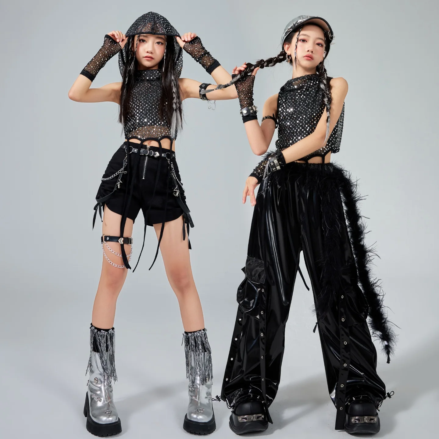 Dziecięce stroje K-pop, cekinowa bluzka, spodnie dresowe dla dziewczynek, odzież do tańca jazzowego, fajny kostium do tańca hip-hop dla dzieci, odzież uliczna XS9983
