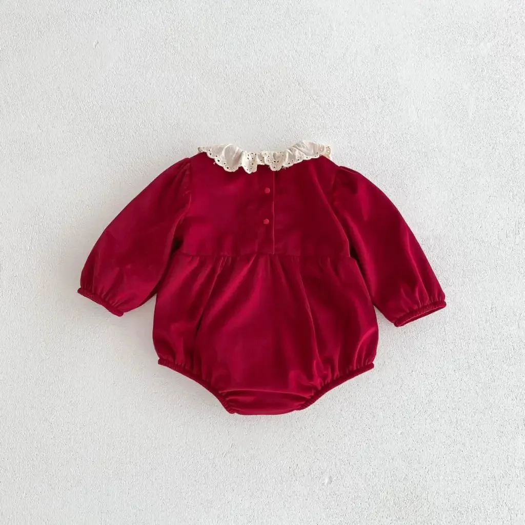 2023 INS Baby Girls Winter Onesies Red Plush Insulation Wrap Newborn Girls One-piece Rompers Lace Warm Infant Girls Bodysuit