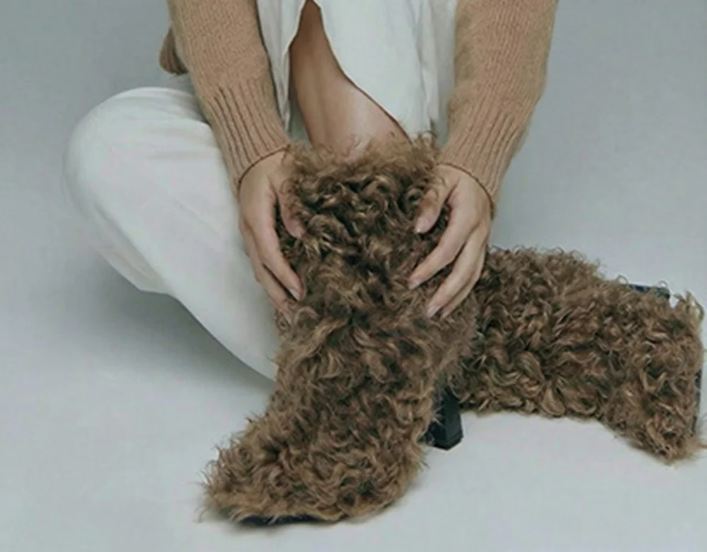 Camel Curly Faux Fur Black Block Heel Ankle Boots Voluminous Textured Design Soft Winter Warm Women Casual Fashion Boots