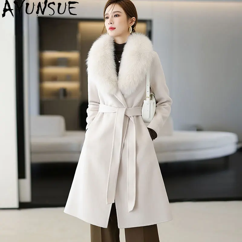 

AYUNSUE 100% Wool Coat Women Jacket Winter Elegant Long Double-sided Wool Jackets Fox Fur Collar Korean Style Clothes Abrigo SGG