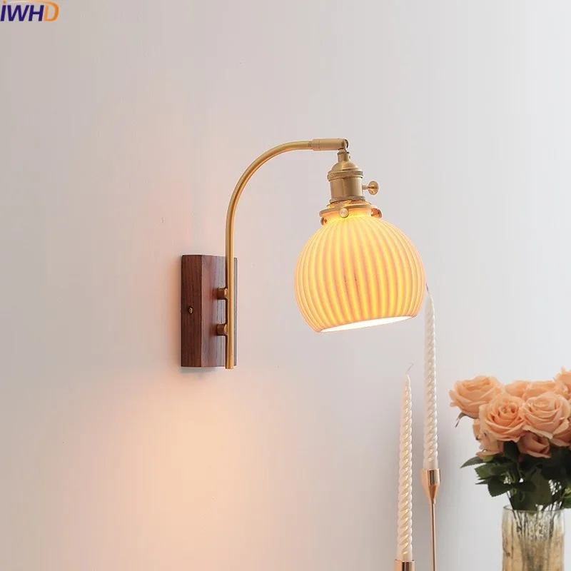 

IWHD Ceramic Walnut LED Wall Lights Fixtures Bathroom Bedroom Living Room Modern Bedside Lamp Knob Switch Applique Murale